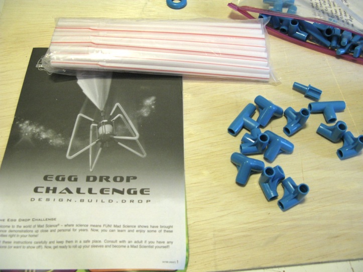 Egg Drop Challenge Kit from a project for my son's school. Seems every middle school does this science project. But as miniaturists, we look at those beautiful blue pieces in a different way.